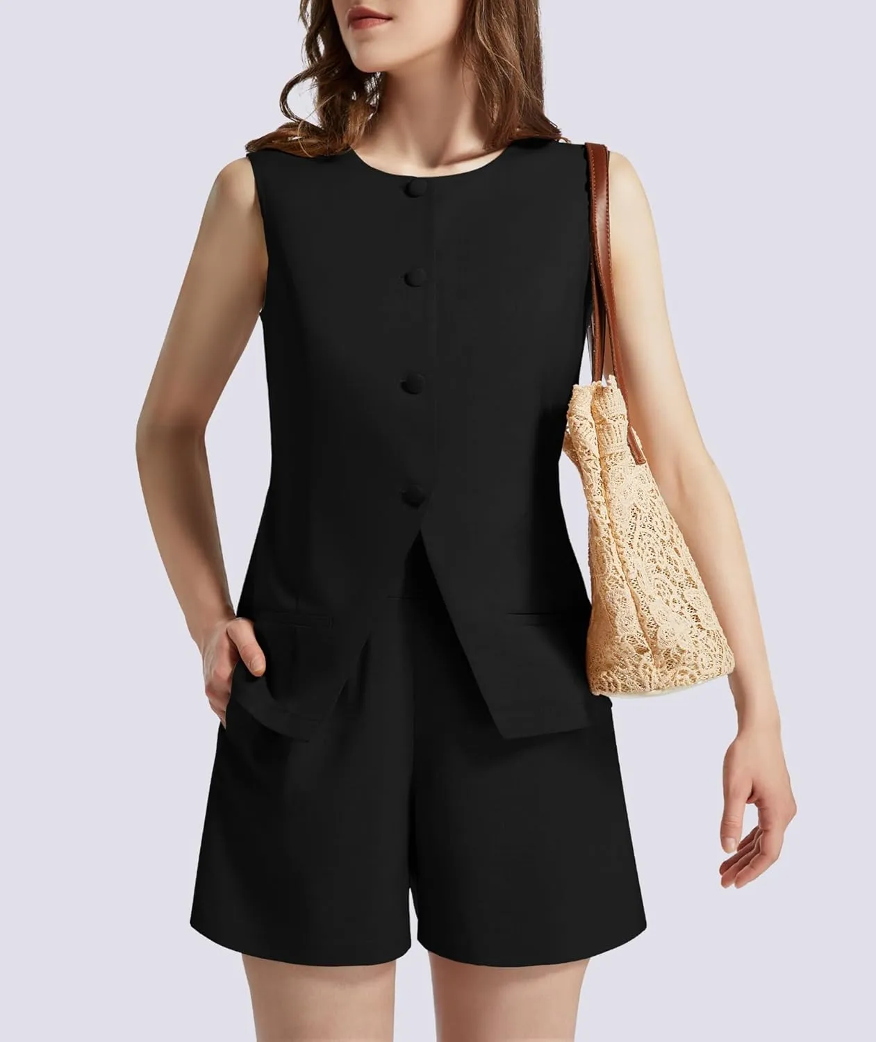 Women's Summer 2 Piece Outfits Sleeveless Round Neck Button Down High Waisted Pants Business Work Sets