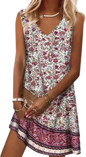 Women's Summer 2025 Mini Dress Red Roses Sleeveless Youthful Floral Print Shift V-Neck Beach Party Formal Dresses