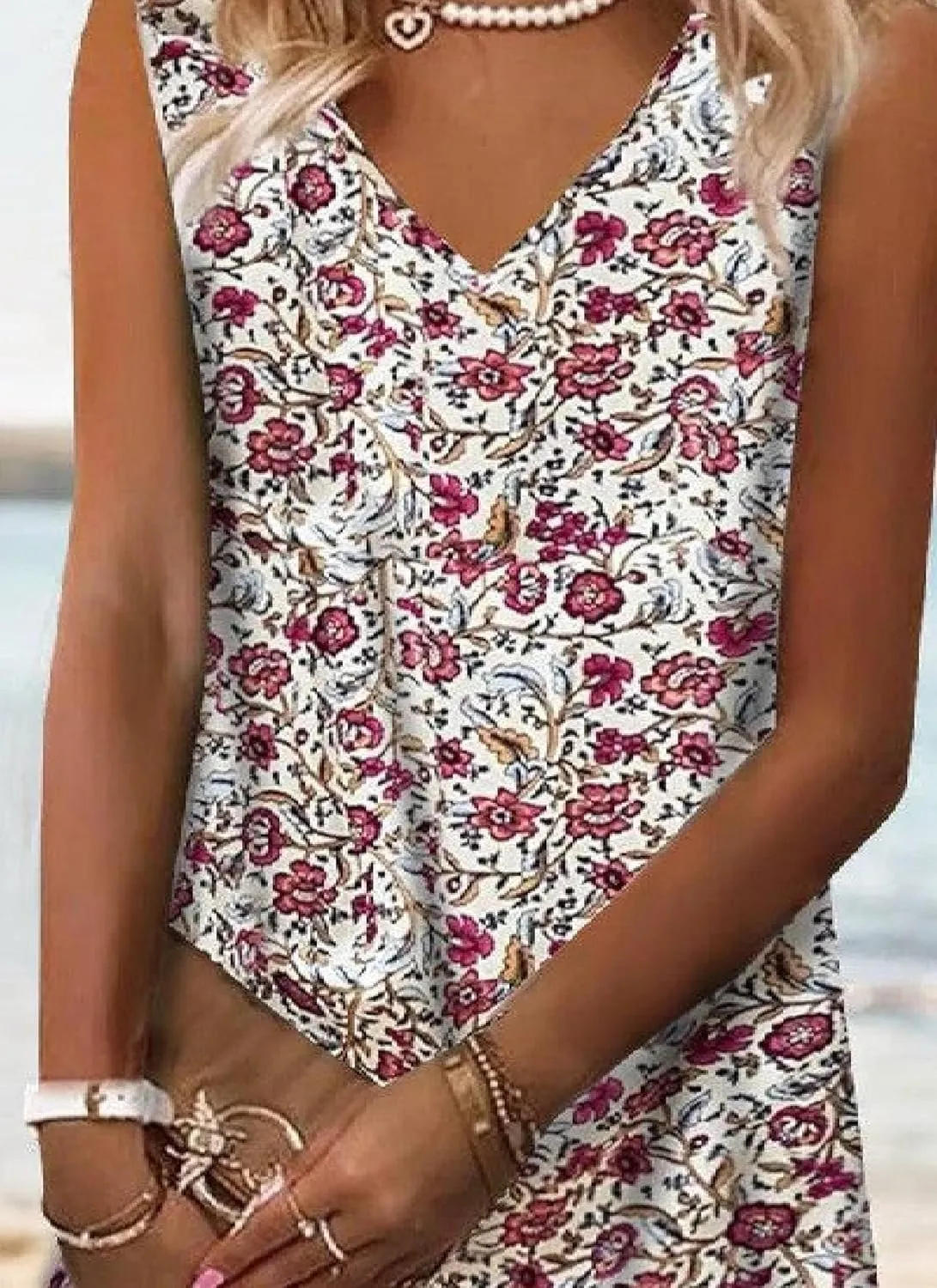 Women's Summer 2025 Mini Dress Red Roses Sleeveless Youthful Floral Print Shift V-Neck Beach Party Formal Dresses