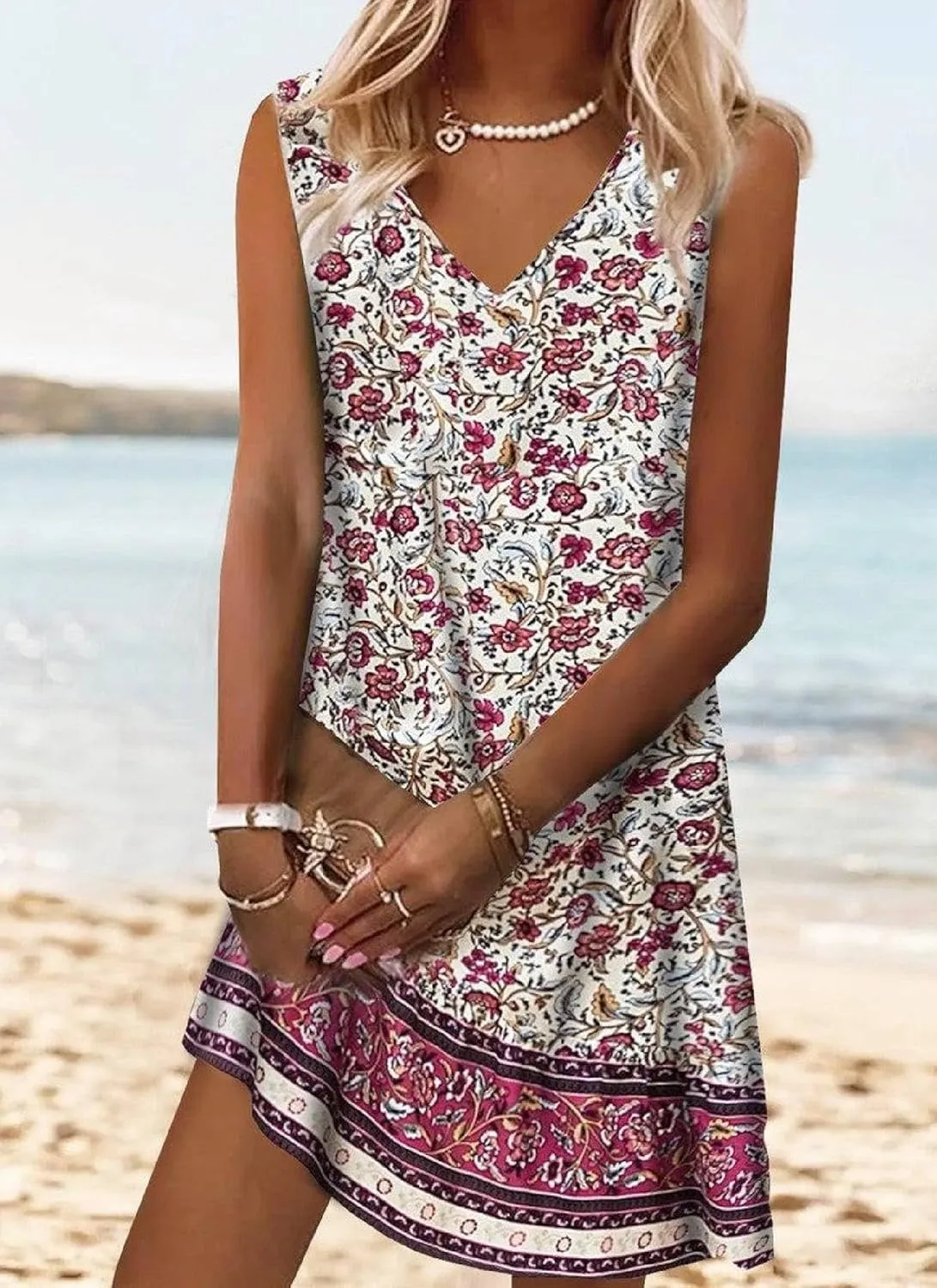 Women's Summer 2025 Mini Dress Red Roses Sleeveless Youthful Floral Print Shift V-Neck Beach Party Formal Dresses