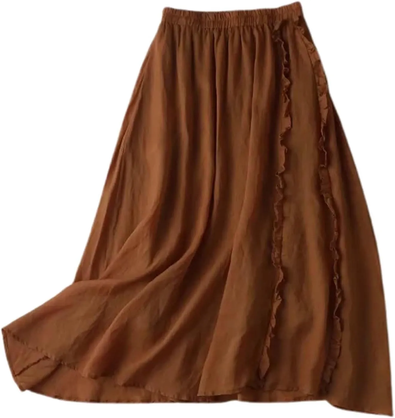 Women's Summer A Line Skirt with Elastic Waist Linen Blend Embroidered Lace Edge Casual Midi Skirt Summer Skirts