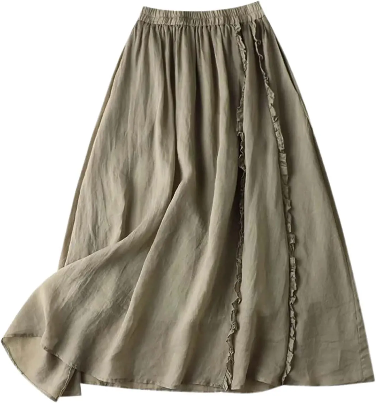 Women's Summer A Line Skirt with Elastic Waist Linen Blend Embroidered Lace Edge Casual Midi Skirt Summer Skirts