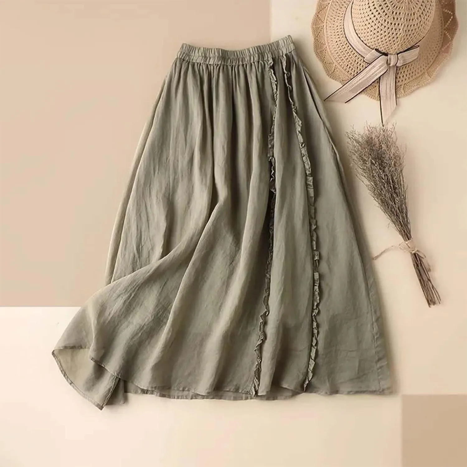 Women's Summer A Line Skirt with Elastic Waist Linen Blend Embroidered Lace Edge Casual Midi Skirt Summer Skirts