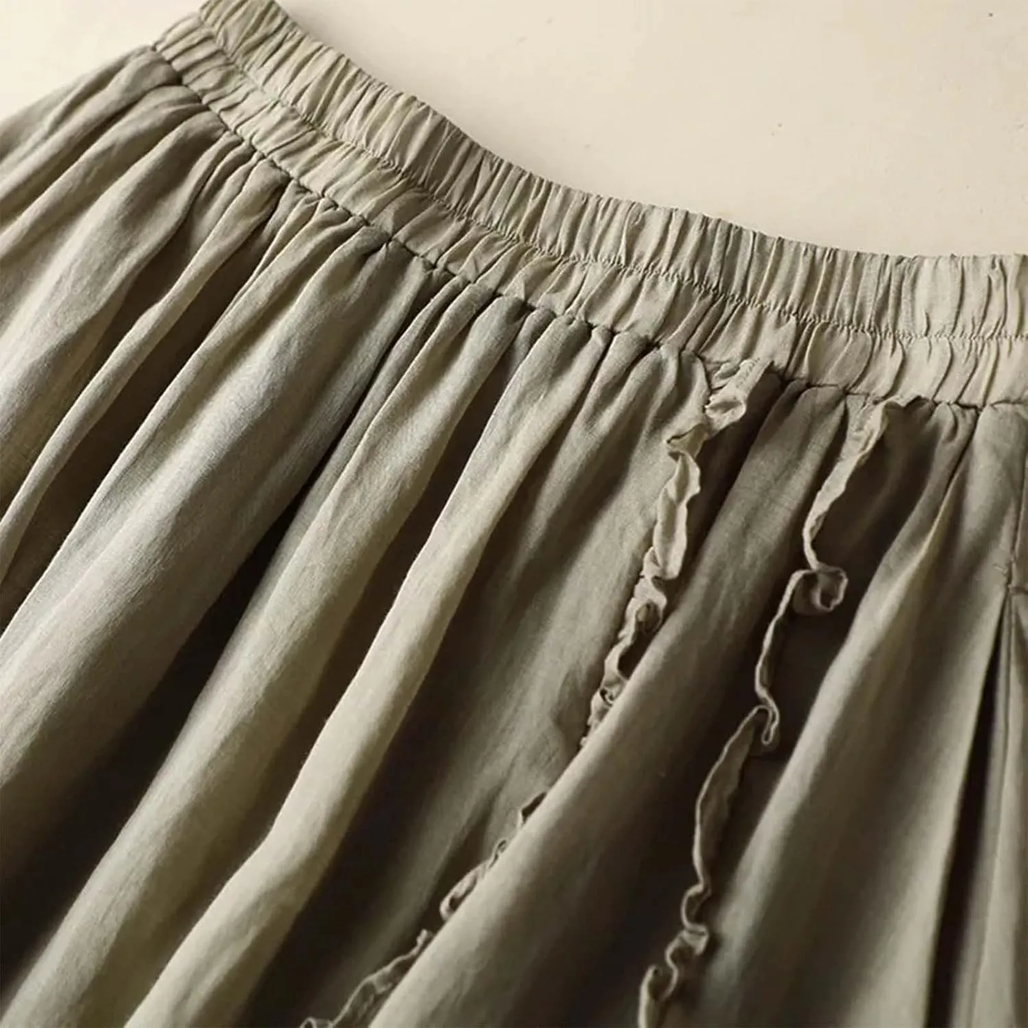 Women's Summer A Line Skirt with Elastic Waist Linen Blend Embroidered Lace Edge Casual Midi Skirt Summer Skirts