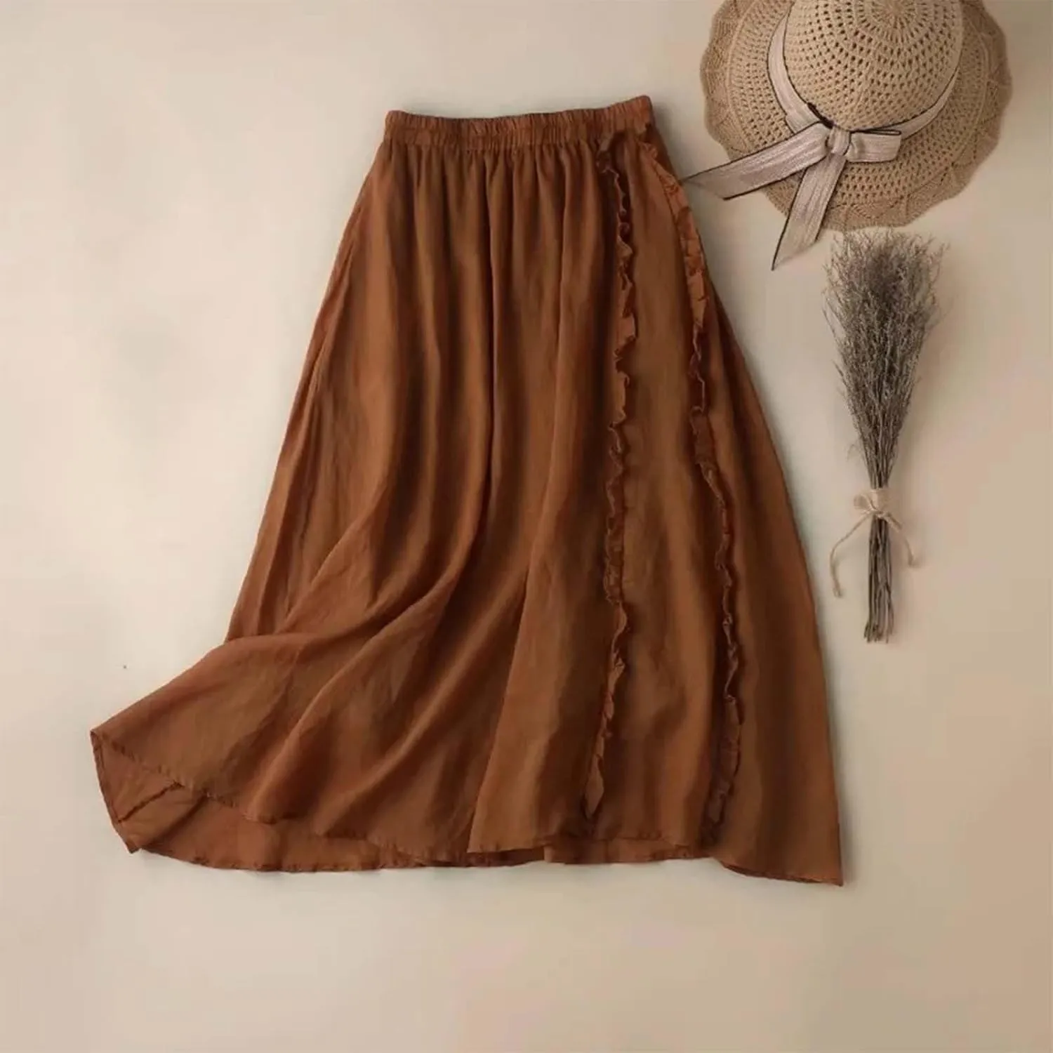 Women's Summer A Line Skirt with Elastic Waist Linen Blend Embroidered Lace Edge Casual Midi Skirt Summer Skirts