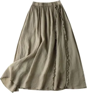Women's Summer A Line Skirt with Elastic Waist Linen Blend Embroidered Lace Edge Casual Midi Skirt Summer Skirts