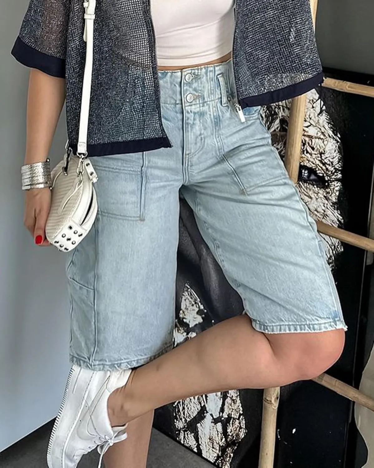 Women's Summer Blue Denim Bermuda Shorts, Casual, Loose Fit, High Waist, Knee Length, 28 Inseam
