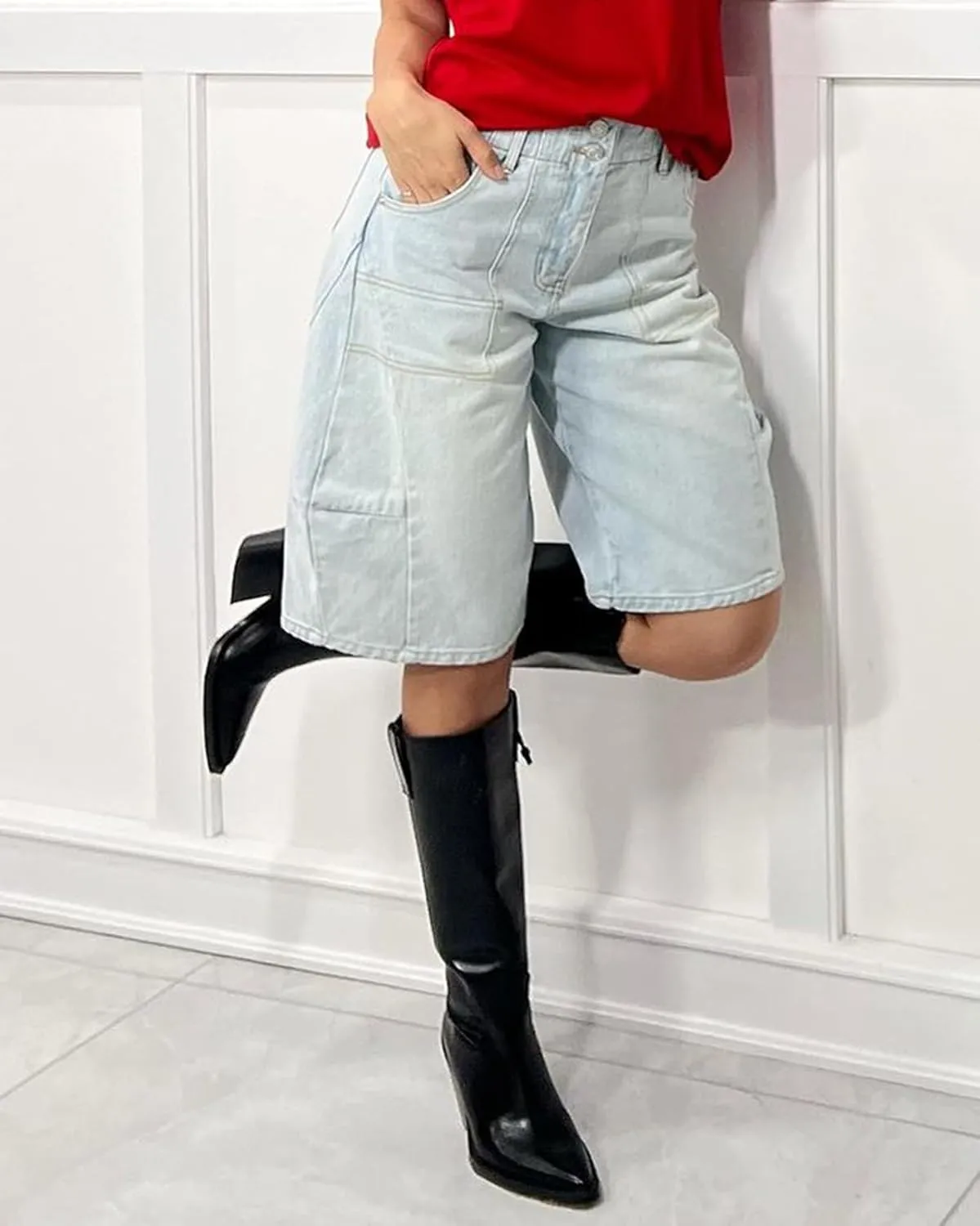 Women's Summer Blue Denim Bermuda Shorts, Casual, Loose Fit, High Waist, Knee Length, 28 Inseam