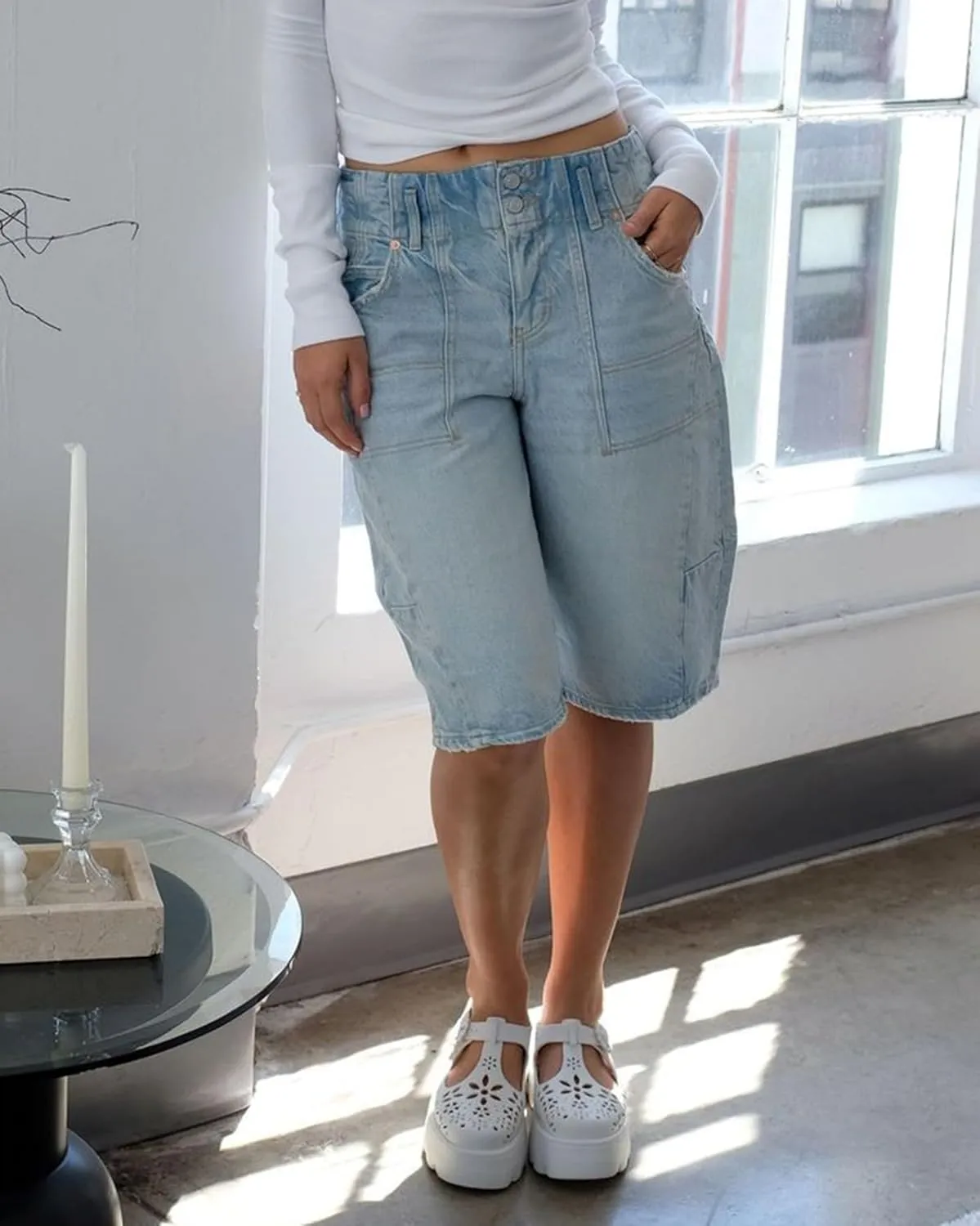 Women's Summer Blue Denim Bermuda Shorts, Casual, Loose Fit, High Waist, Knee Length, 28 Inseam