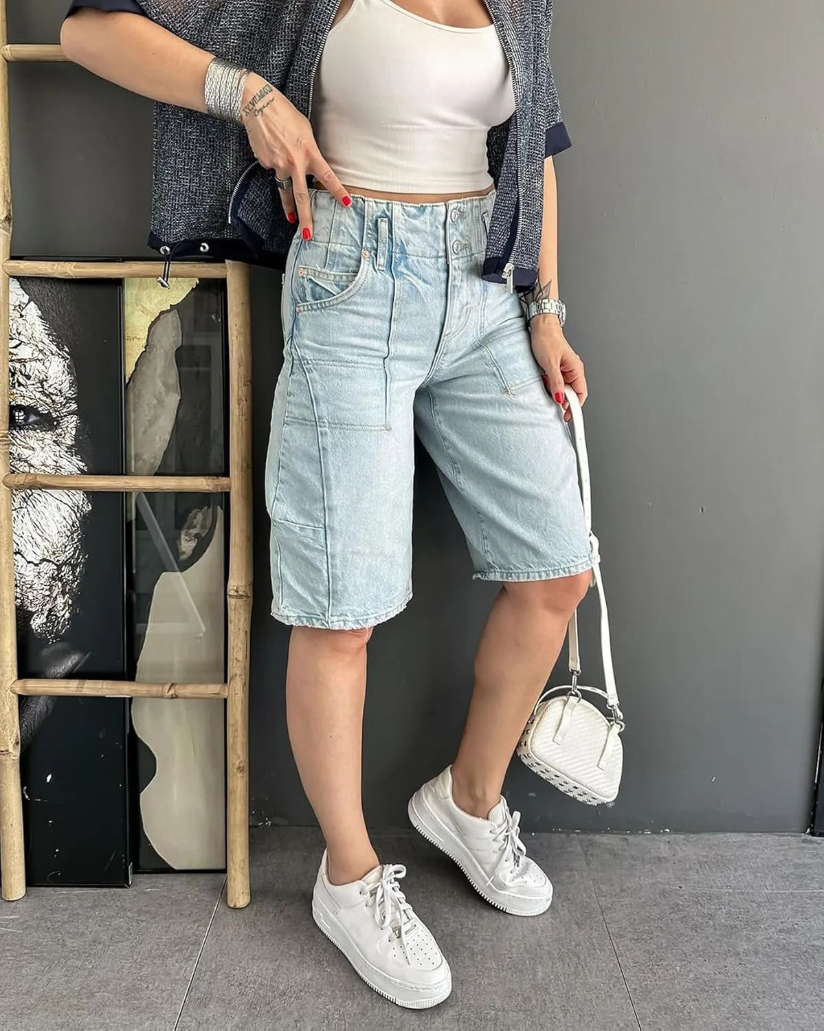 Women's Summer Blue Denim Bermuda Shorts, Casual, Loose Fit, High Waist, Knee Length, 28 Inseam
