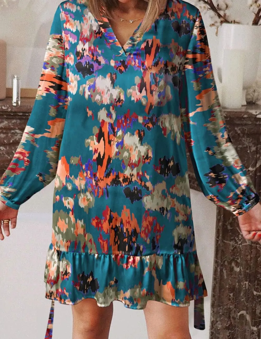 Women's Summer Bohemian Abstract Print Wrap V Neck Lantern Long Sleeve Waist Tie Ruffle Mini Swing Skater Sun Dress