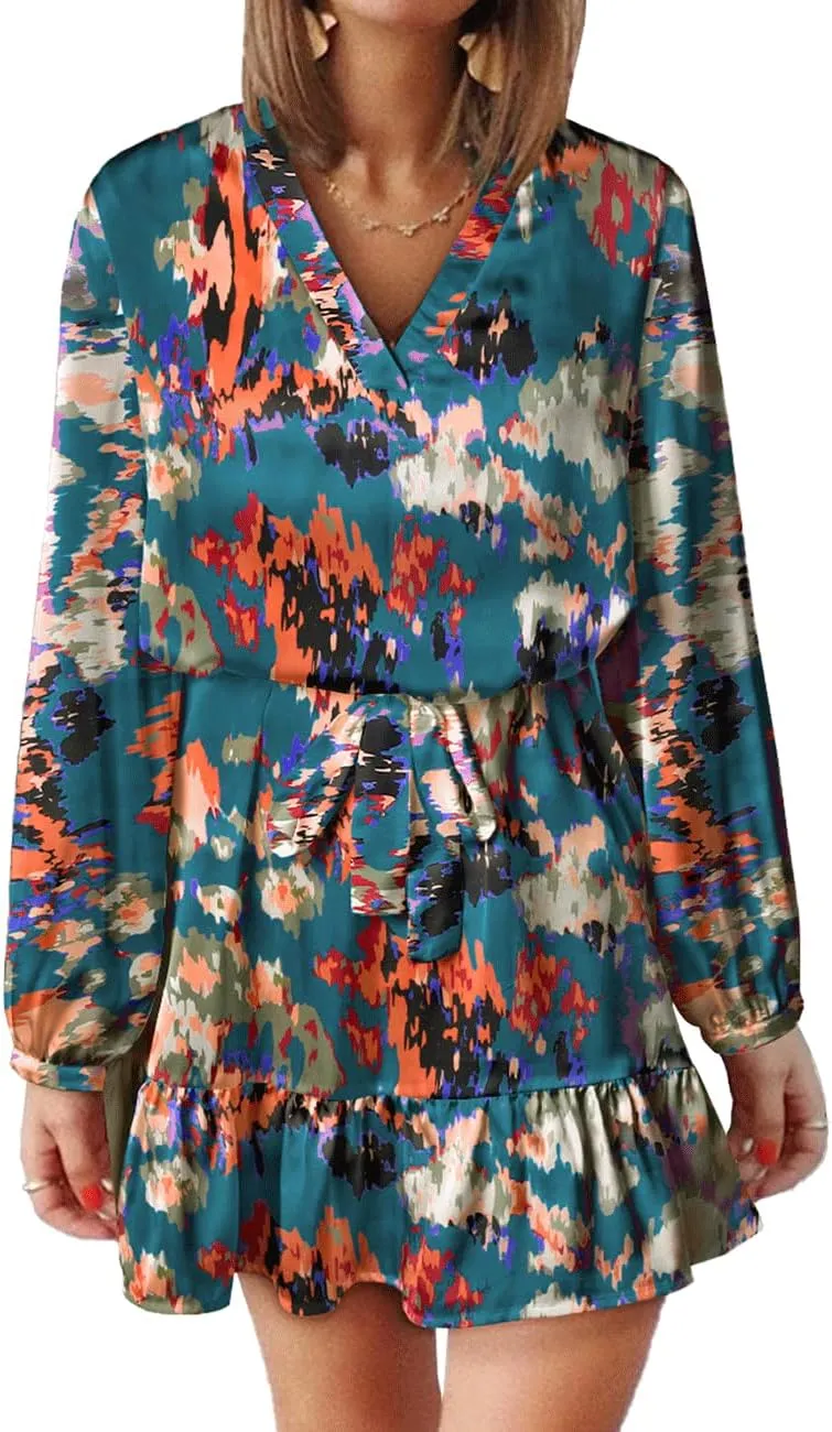 Women's Summer Bohemian Abstract Print Wrap V Neck Lantern Long Sleeve Waist Tie Ruffle Mini Swing Skater Sun Dress