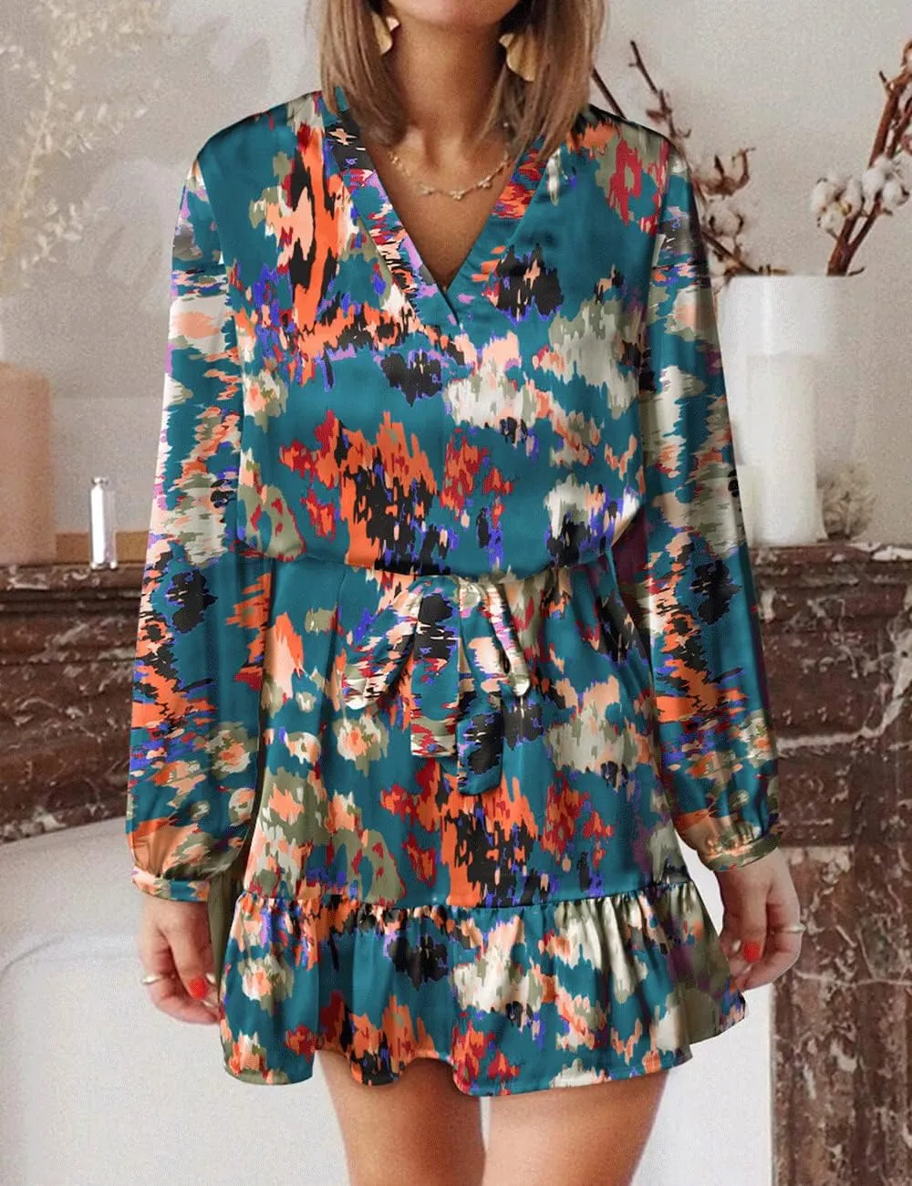 Women's Summer Bohemian Abstract Print Wrap V Neck Lantern Long Sleeve Waist Tie Ruffle Mini Swing Skater Sun Dress