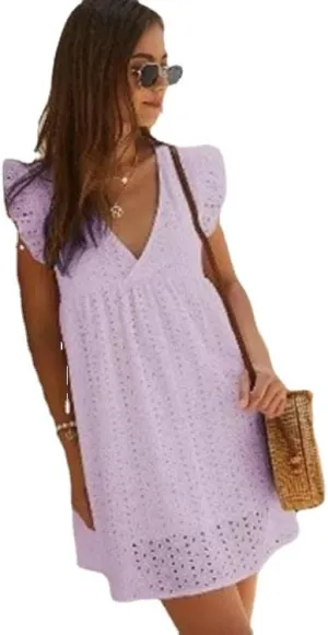 Women's Summer Dress Casual Eyelet V Neck Mini Short Dress Ruffle Sleeveless Babydoll Sundress