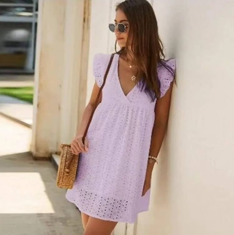 Women's Summer Dress Casual Eyelet V Neck Mini Short Dress Ruffle Sleeveless Babydoll Sundress