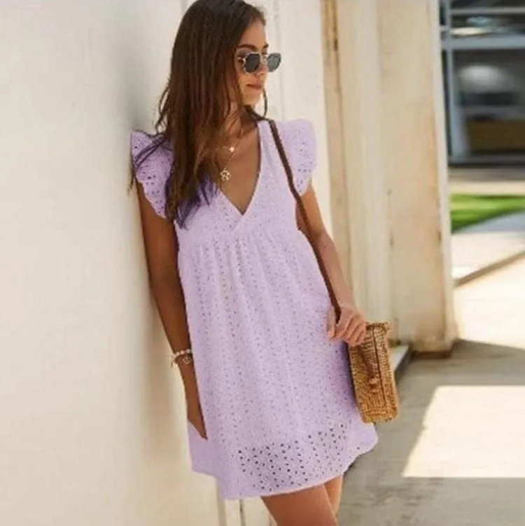 Women's Summer Dress Casual Eyelet V Neck Mini Short Dress Ruffle Sleeveless Babydoll Sundress