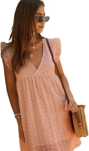 Women's Summer Dress Casual Eyelet V Neck Mini Short Dress Ruffle Sleeveless Babydoll Sundress