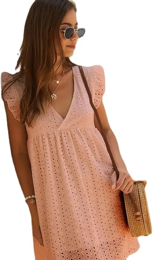 Women's Summer Dress Casual Eyelet V Neck Mini Short Dress Ruffle Sleeveless Babydoll Sundress