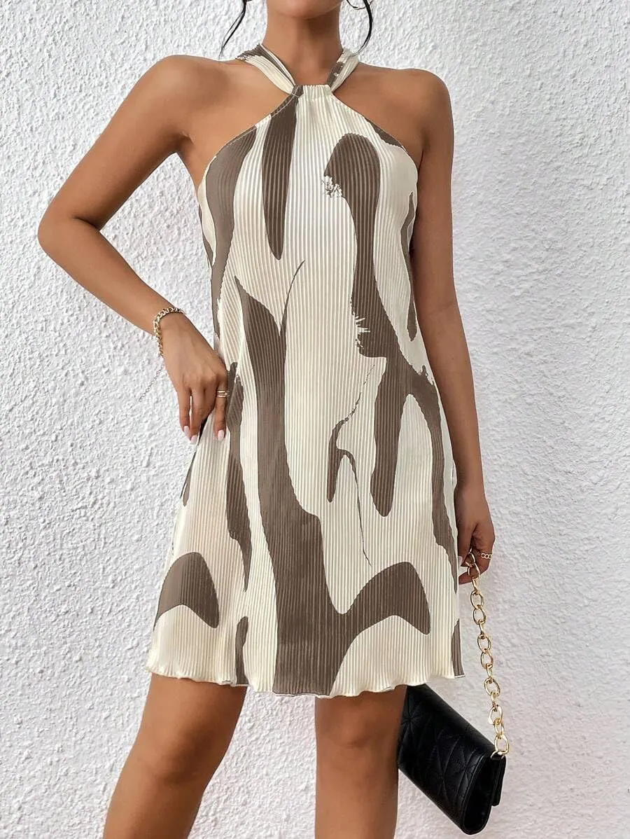 Women's Summer Dress Printed Halter Neck Mini Casual Pleated Sundress Party Date Outfit