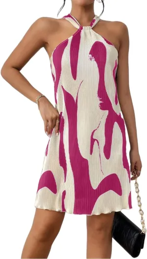 Women's Summer Dress Printed Halter Neck Mini Casual Pleated Sundress Party Date Outfit
