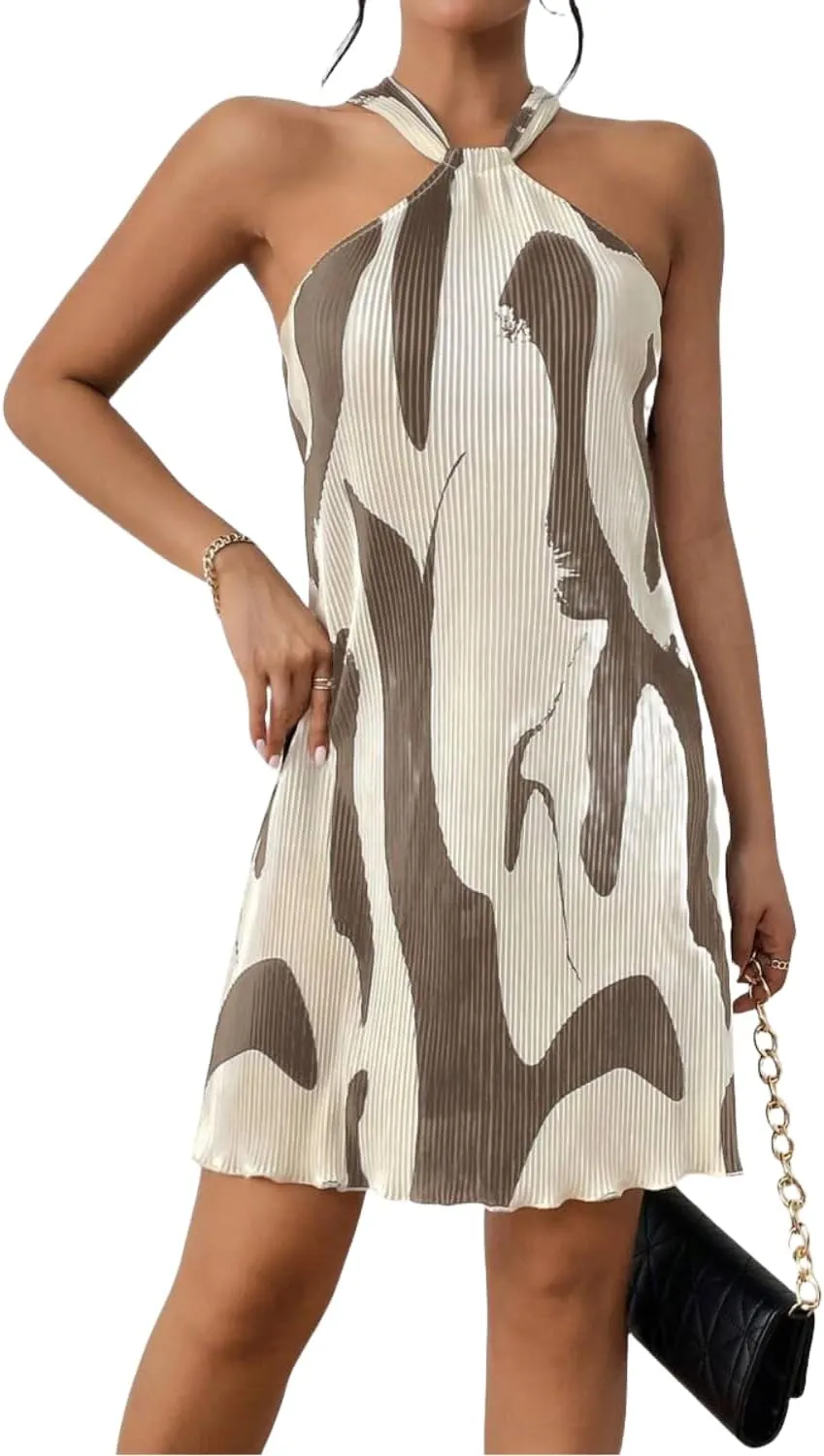 Women's Summer Dress Printed Halter Neck Mini Casual Pleated Sundress Party Date Outfit