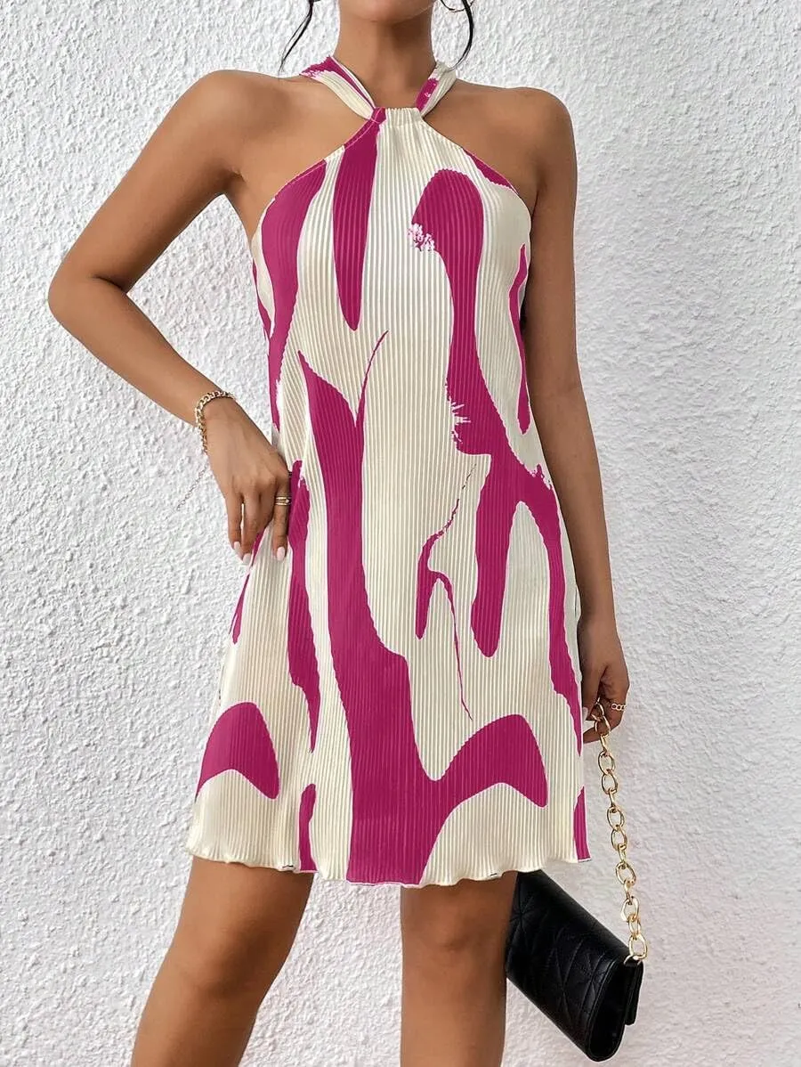 Women's Summer Dress Printed Halter Neck Mini Casual Pleated Sundress Party Date Outfit