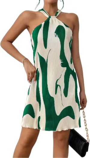 Women's Summer Dress Printed Halter Neck Mini Casual Pleated Sundress Party Date Outfit