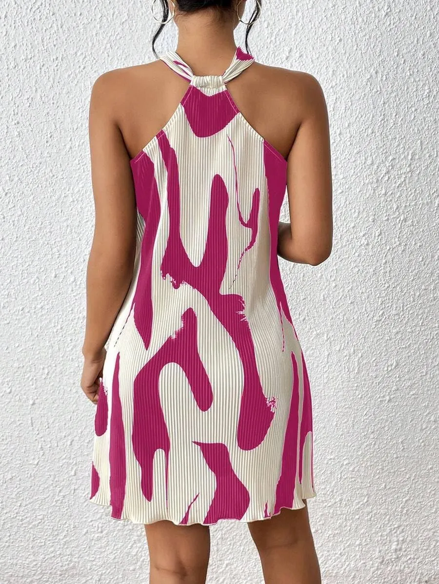 Women's Summer Dress Printed Halter Neck Mini Casual Pleated Sundress Party Date Outfit