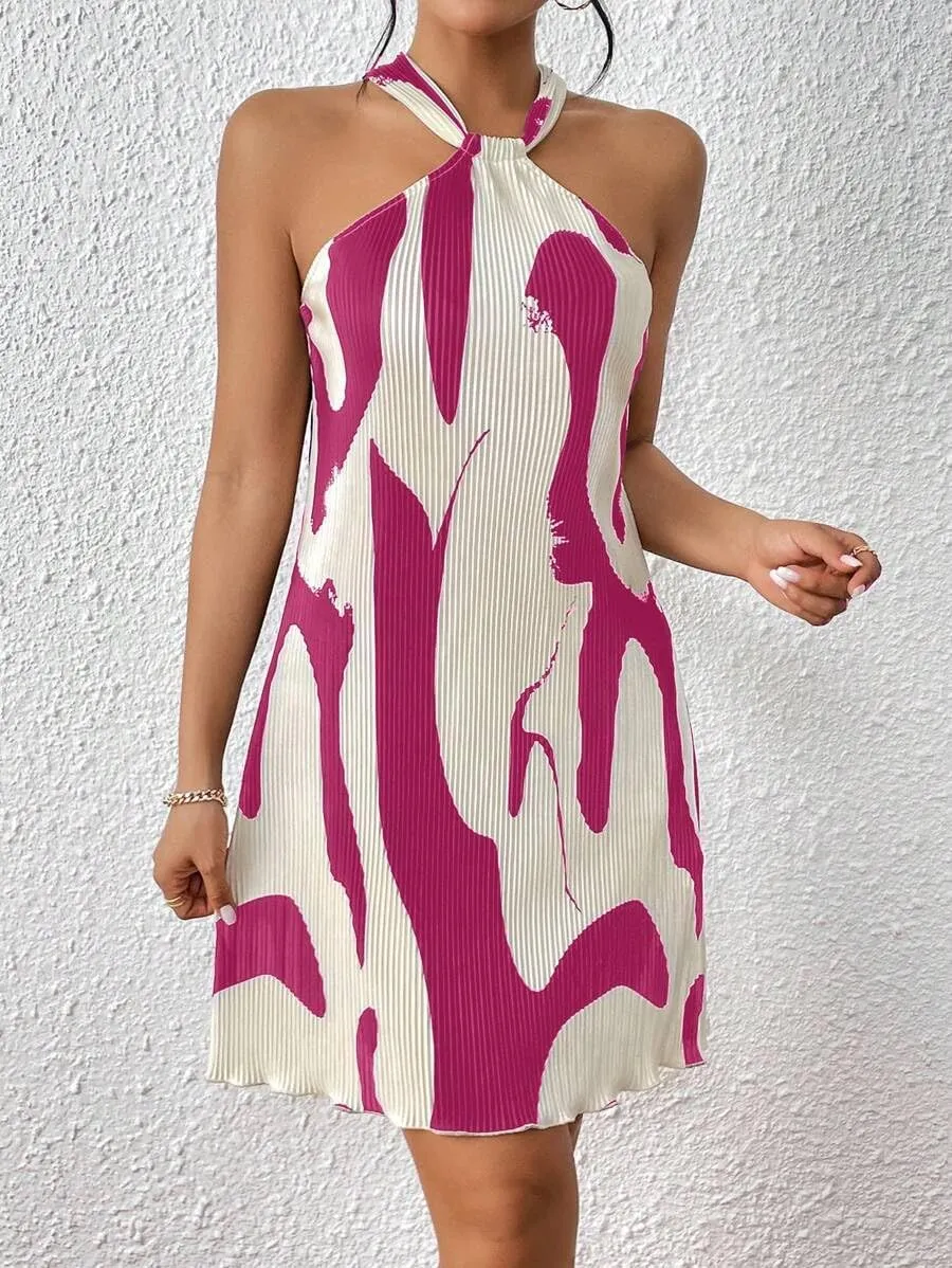 Women's Summer Dress Printed Halter Neck Mini Casual Pleated Sundress Party Date Outfit