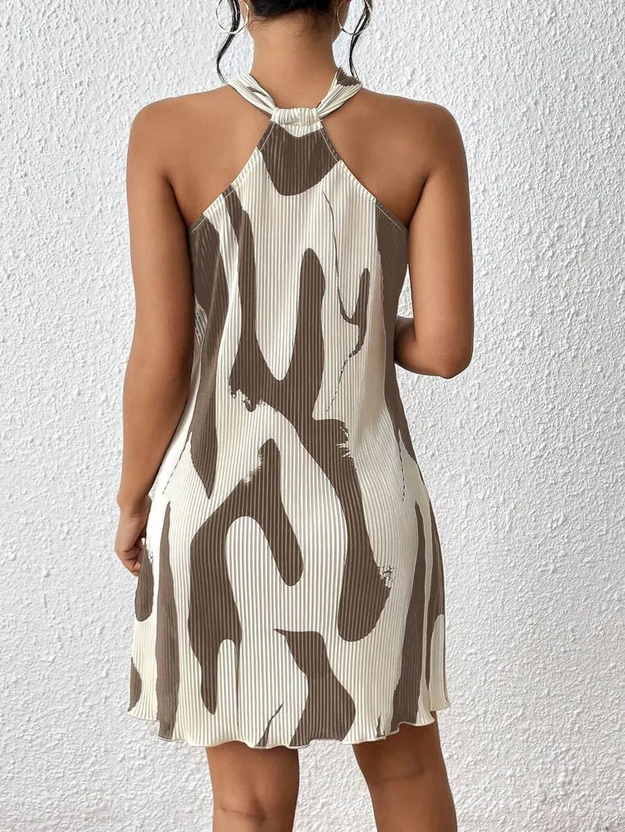 Women's Summer Dress Printed Halter Neck Mini Casual Pleated Sundress Party Date Outfit
