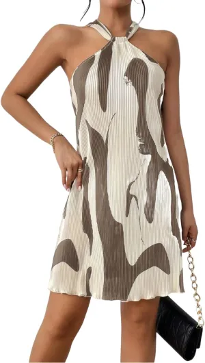 Women's Summer Dress Printed Halter Neck Mini Casual Pleated Sundress Party Date Outfit