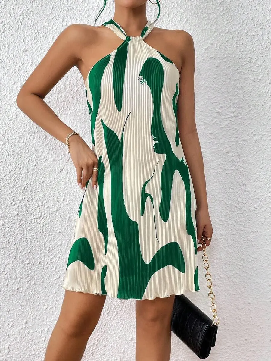 Women's Summer Dress Printed Halter Neck Mini Casual Pleated Sundress Party Date Outfit