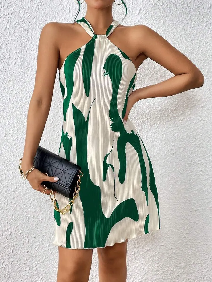 Women's Summer Dress Printed Halter Neck Mini Casual Pleated Sundress Party Date Outfit