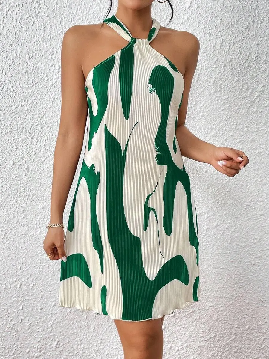 Women's Summer Dress Printed Halter Neck Mini Casual Pleated Sundress Party Date Outfit