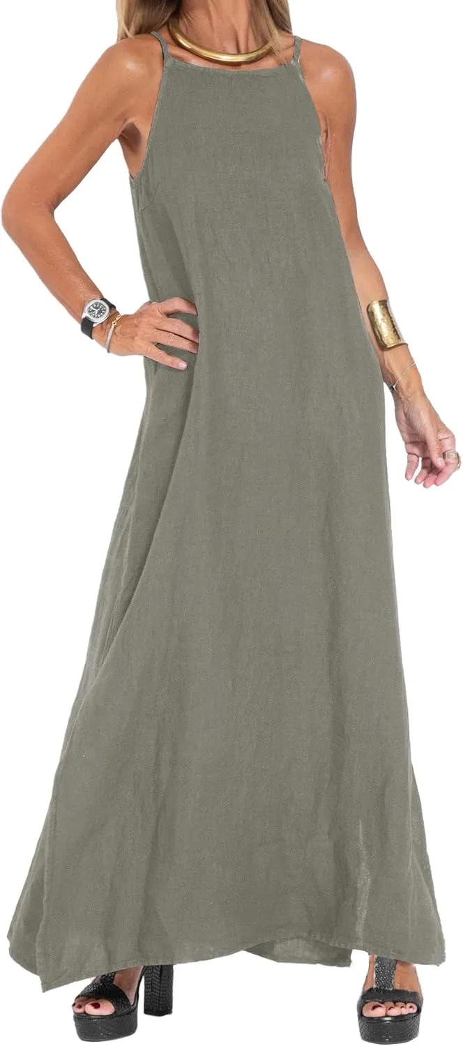 Women's Summer Dress Spaghetti Strap Loose Sleeveless Beach Sundress Split Flowy Maxi Long Dress