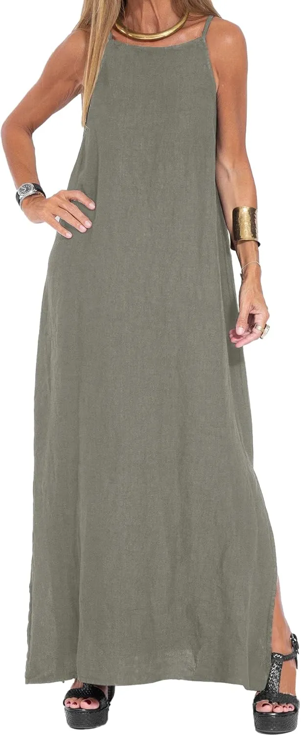 Women's Summer Dress Spaghetti Strap Loose Sleeveless Beach Sundress Split Flowy Maxi Long Dress