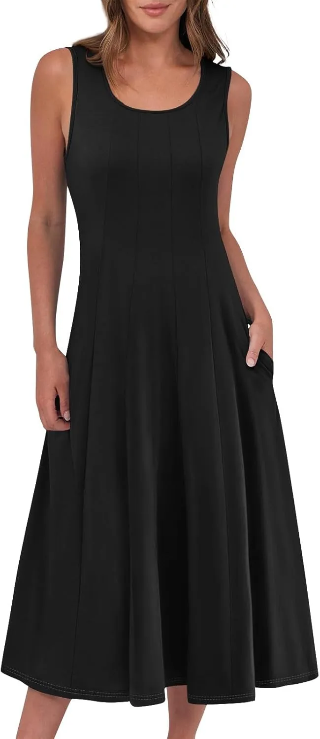 Womens Summer Dresses 2025 Sleeveless Maxi Dress Crewneck Casual Flowy Beach Sundresses with Pockets Vacation Travel