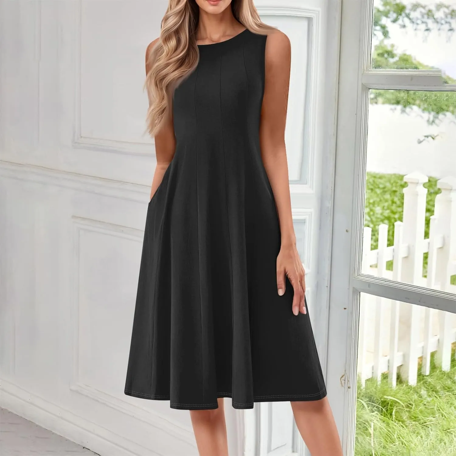 Womens Summer Dresses 2025 Sleeveless Maxi Dress Crewneck Casual Flowy Beach Sundresses with Pockets Vacation Travel