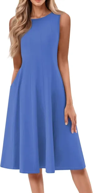 Womens Summer Dresses 2025 Sleeveless Maxi Dress Crewneck Casual Flowy Beach Sundresses with Pockets Vacation Travel