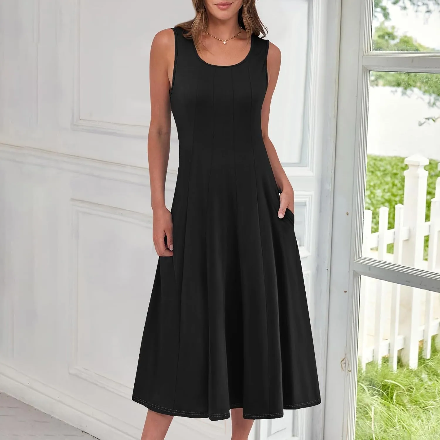 Womens Summer Dresses 2025 Sleeveless Maxi Dress Crewneck Casual Flowy Beach Sundresses with Pockets Vacation Travel