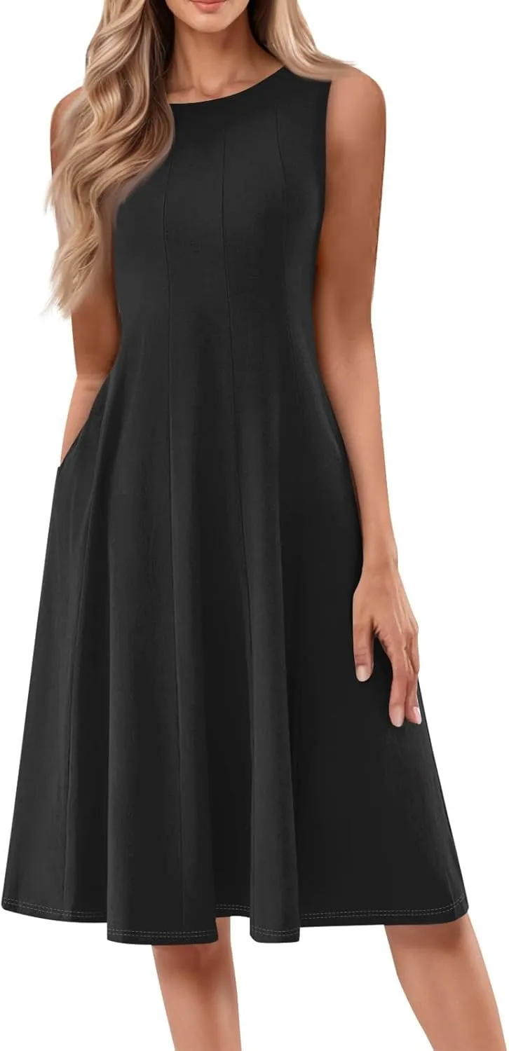 Womens Summer Dresses 2025 Sleeveless Maxi Dress Crewneck Casual Flowy Beach Sundresses with Pockets Vacation Travel