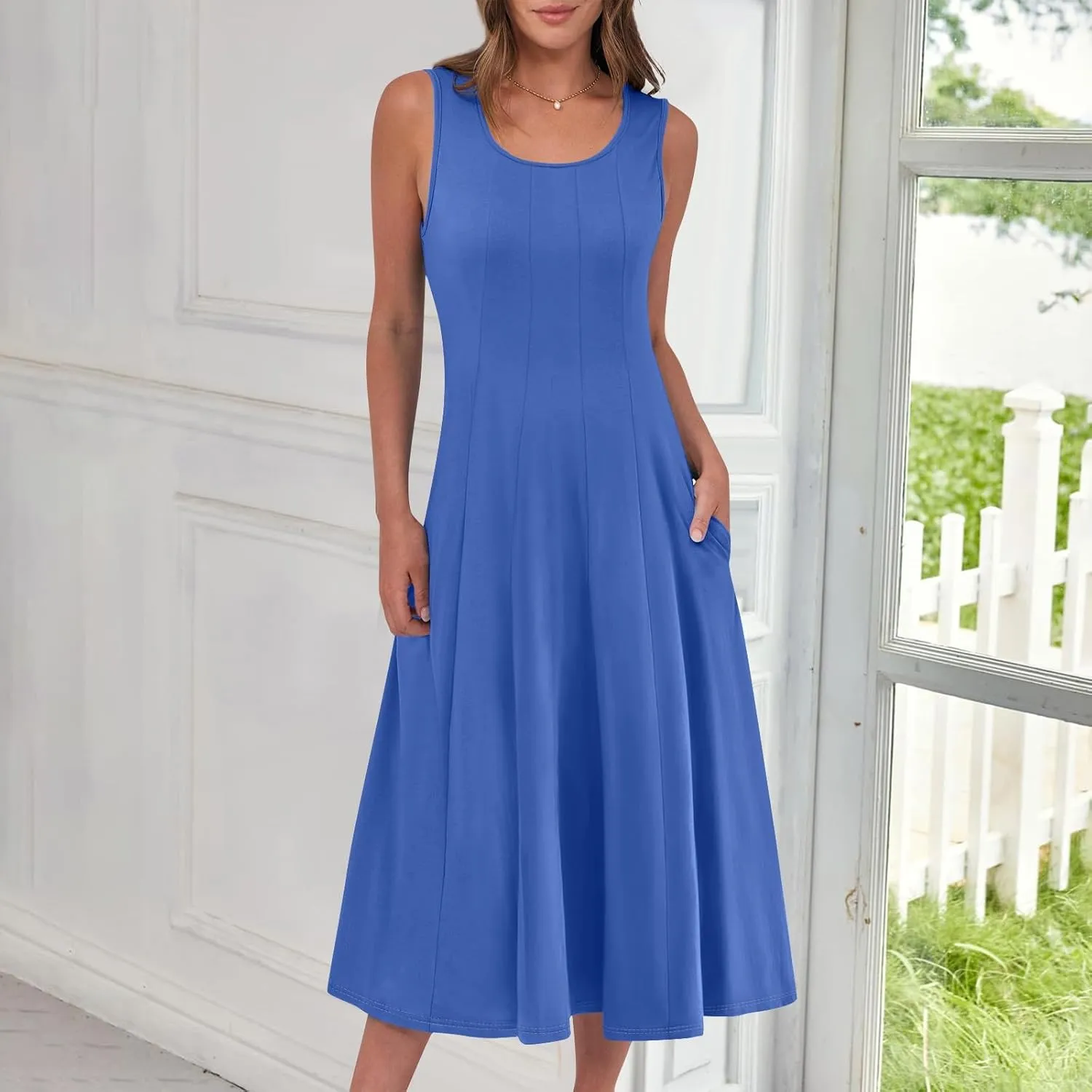 Womens Summer Dresses 2025 Sleeveless Maxi Dress Crewneck Casual Flowy Beach Sundresses with Pockets Vacation Travel