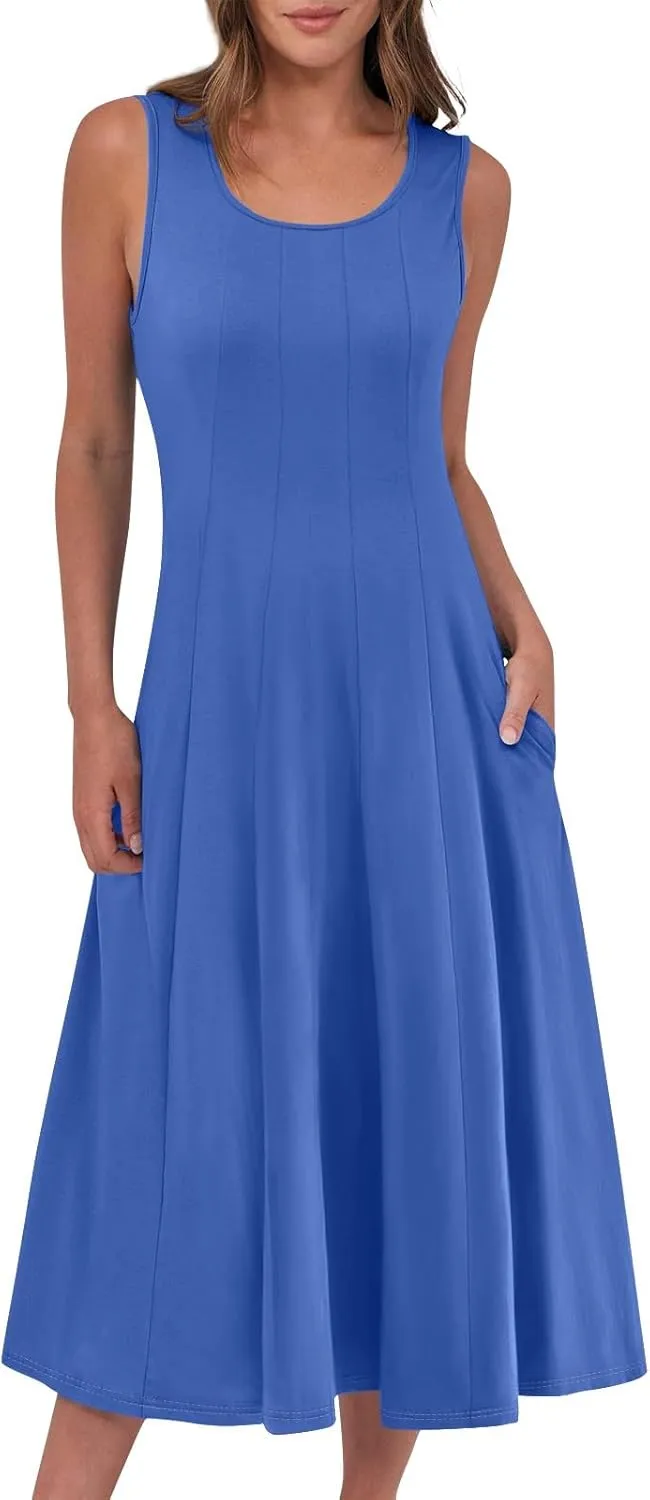 Womens Summer Dresses 2025 Sleeveless Maxi Dress Crewneck Casual Flowy Beach Sundresses with Pockets Vacation Travel