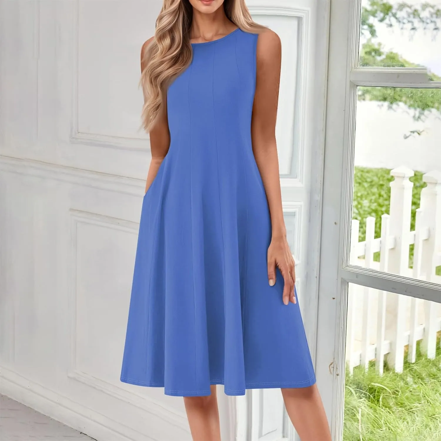 Womens Summer Dresses 2025 Sleeveless Maxi Dress Crewneck Casual Flowy Beach Sundresses with Pockets Vacation Travel