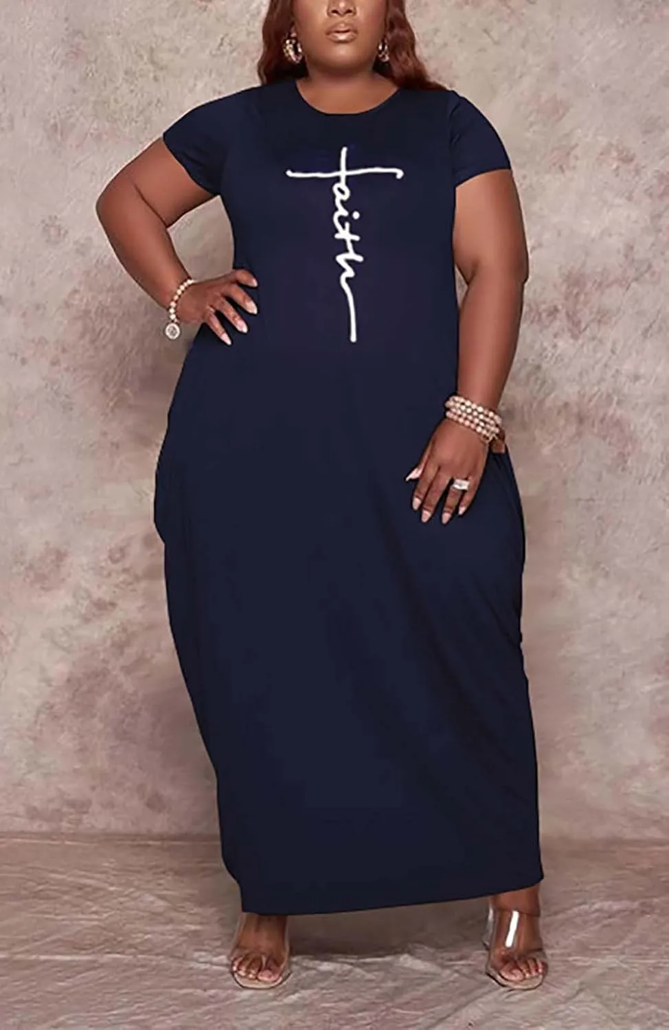 Women's Summer Plus Size Short Sleeved Long Dress Casual Loose Faith Beach Maxi Dress with Pockets