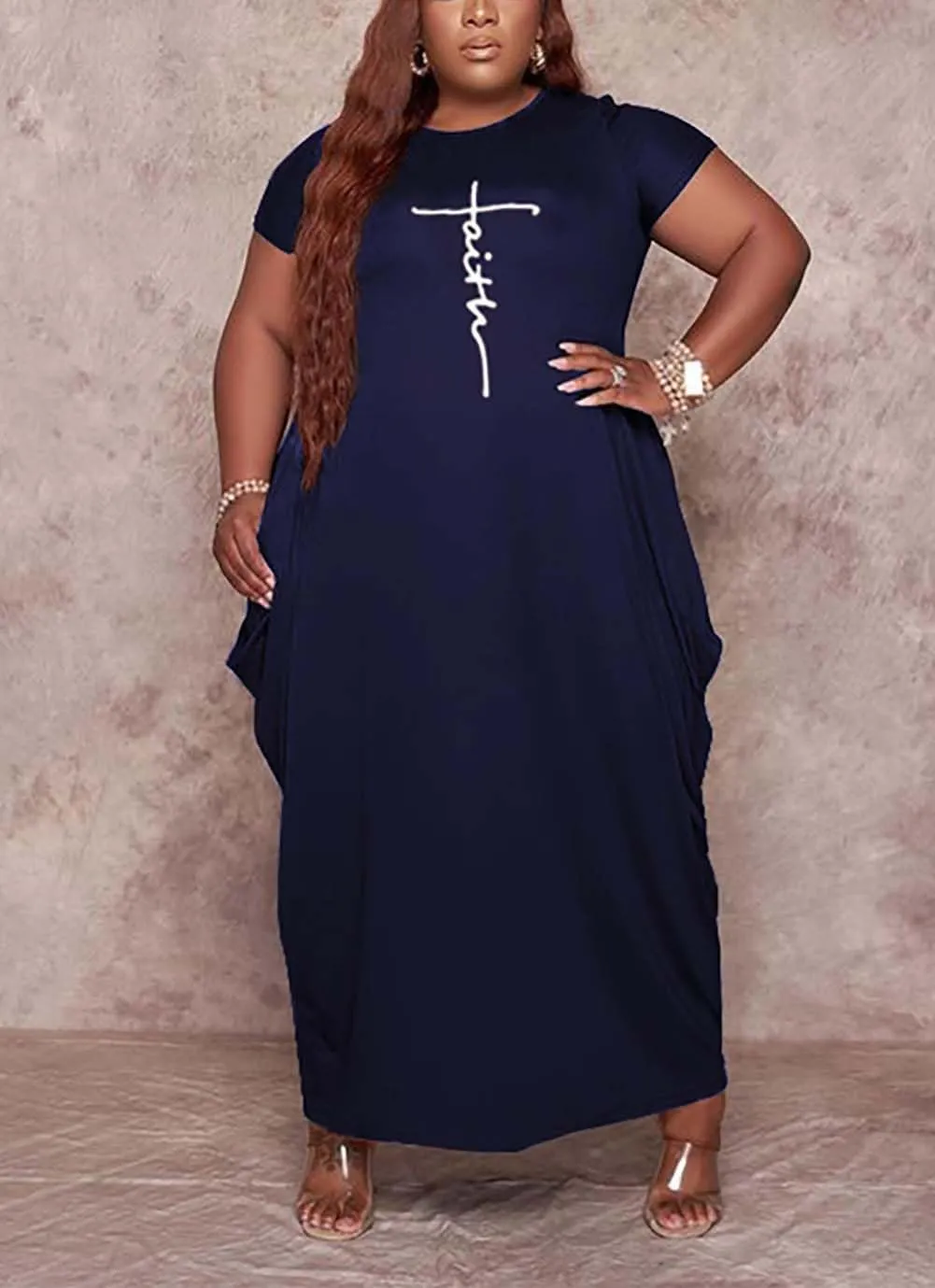 Women's Summer Plus Size Short Sleeved Long Dress Casual Loose Faith Beach Maxi Dress with Pockets