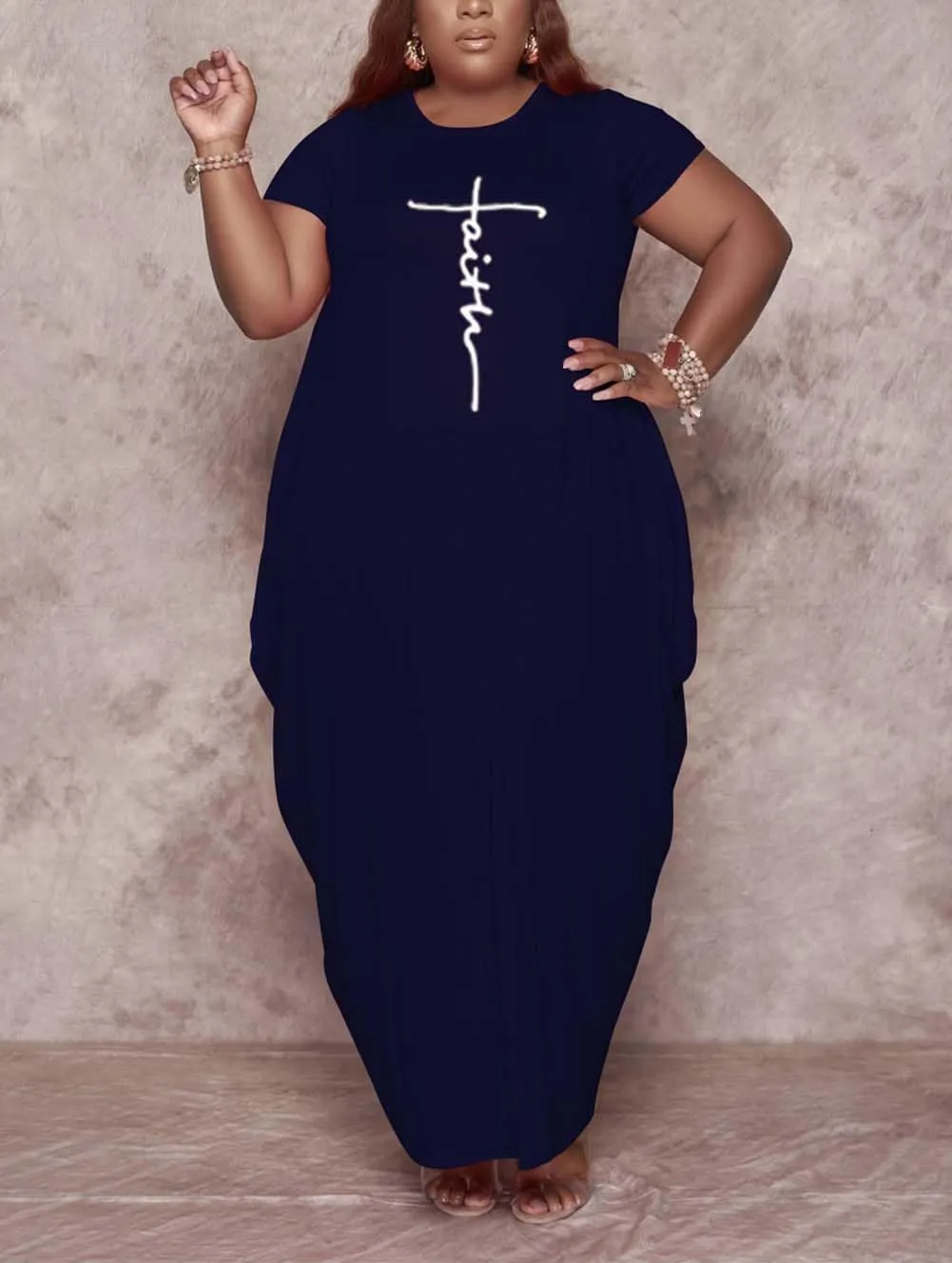 Women's Summer Plus Size Short Sleeved Long Dress Casual Loose Faith Beach Maxi Dress with Pockets
