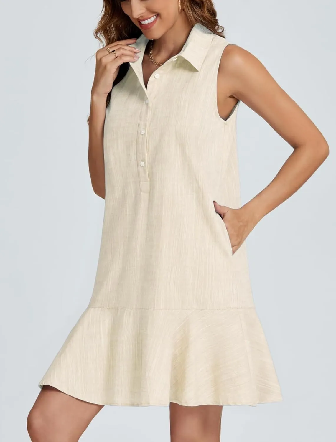 Women's Summer V Neck Button Down Shirt Dress Casual Collared Flowy Cotton Linen Mini Dress with Pockets