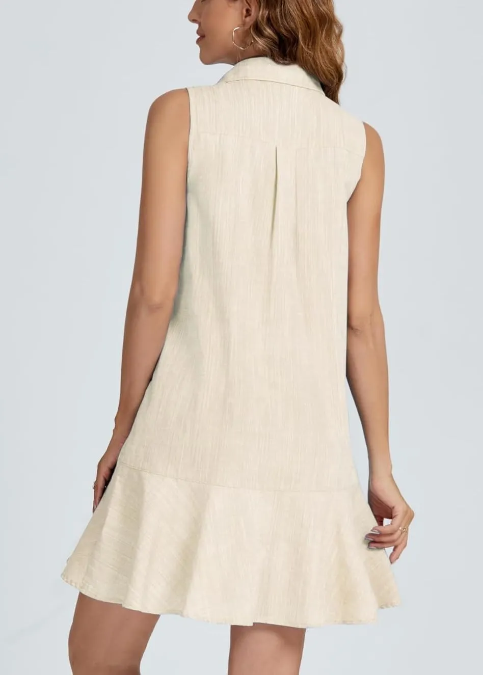 Women's Summer V Neck Button Down Shirt Dress Casual Collared Flowy Cotton Linen Mini Dress with Pockets