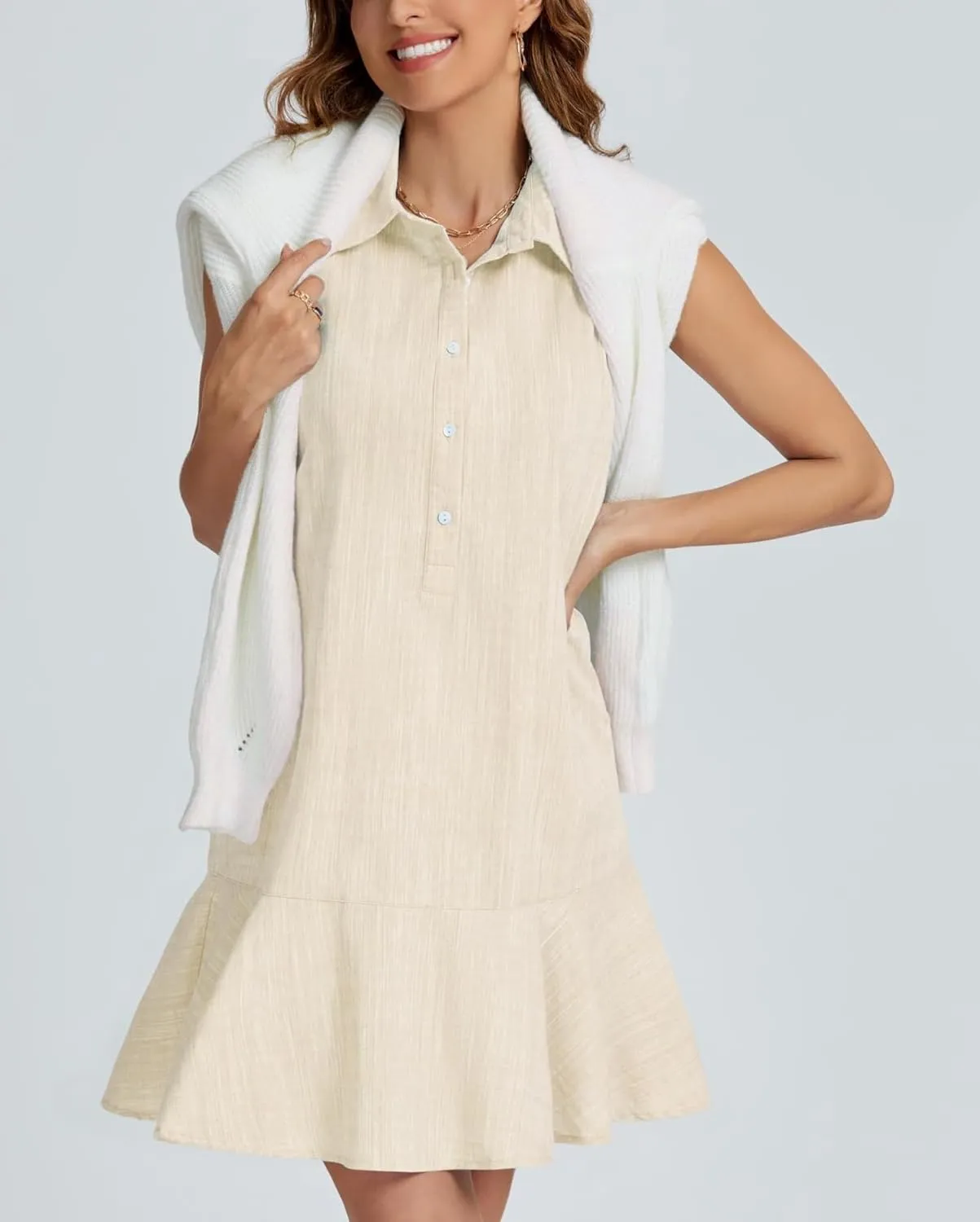 Women's Summer V Neck Button Down Shirt Dress Casual Collared Flowy Cotton Linen Mini Dress with Pockets